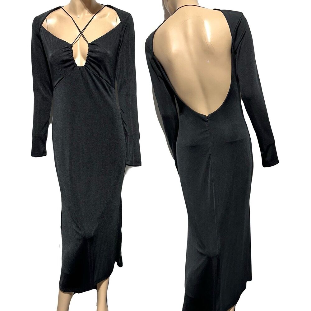 Jason Wu Engracia Long Sleeve Backless Plunge Midi Dress Black Size M Medium
